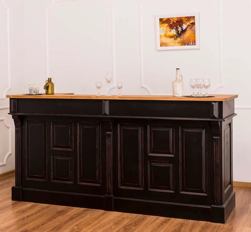 Casa Padrino Landhausstil Thekenschrank Antik Schwarz / Naturfarben 240 x 65 x H. 107 cm - Ladentheke mit Schubladen und Ablagefächer
