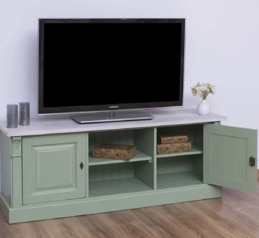 Casa Padrino Landhausstil TV Schrank Grün / Grau 160 x 46 x H. 60 cm - Massivholz Sideboard - Landhausstil Wohnzimmer Möbel