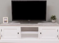 Casa Padrino Landhausstil TV Schrank Weiß / Grau 180 x 46 x H. 56 cm - Massivholz Fernsehschrank mit 2 Türen - Landhausstil Wohnzimmer Möbel