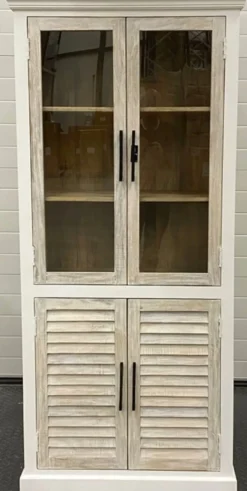 Casa Padrino Landhausstil Vitrine Weiß / Naturfarben 92 x 46 x H. 198 cm - Vitrinenschrank mit 2 Glastüren und 2 Lamellentüren