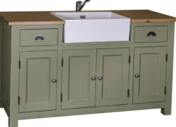 Casa Padrino Landhausstil Waschbeckenschrank Grün / Naturfarben 155 x 65 x H. 90 cm - Waschtisch mit 4 Türen und 2 Schubladen