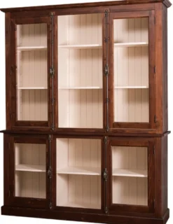 Casa Padrino Landhausstil Wohnzimmerschrank Dunkelbraun / Creme 184 x 48 x H. 228 cm - Massivholz Vitrinenschrank mit 4 Glastüren