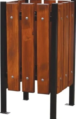 Casa Padrino Luxus Abfallbehälter Dunkelbraun / Schwarz 38 x 38 x H. 70 cm - Massivholz Abfallbehälter mit Stahl Beinen - Garten Mülleimer - Terrassen Mülleimer - Gastronomie Abfallbehälter