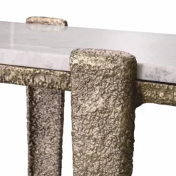 Casa Padrino Luxus Aluminium Konsole mit Marmorplatte Antik Messing / Beige 140 cm