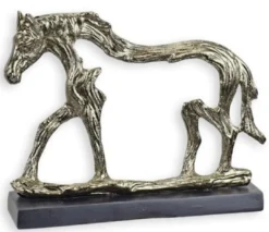 Casa Padrino Luxus Aluminium Deko Skulptur Pferd Silber / Grau 27,8 x 6,5 x H. 21,2 cm - Aluminium Deko Figur mit Holzsockel - Wohnzimmer Deko - Schreibtisch Deko
