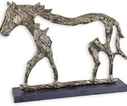 Casa Padrino Luxus Aluminium Deko Skulptur Pferd Silber / Grau 58,7 x 11,5 x H. 43,2 cm - Aluminium Deko Figur mit Holzsockel - Wohnzimmer Deko - Schreibtisch Deko