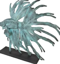 Casa Padrino Luxus Aluminium Deko Skulptur siamesischer Kampffisch Türkis / Schwarz 55 x 11,5 x H. 52,5 cm - Aluminium Deko Figur mit Holzsockel - Wohnzimmer Deko - Schreibtisch Deko