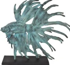 Casa Padrino Luxus Aluminium Deko Skulptur siamesischer Kampffisch Türkis / Schwarz 55 x 11,5 x H. 52,5 cm - Aluminium Deko Figur mit Holzsockel - Wohnzimmer Deko - Schreibtisch Deko