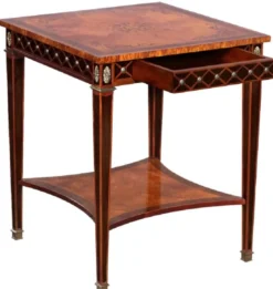 Casa Padrino Luxus Art Deco Beistelltisch Naturfarben / Braun Intarsien / Silber / Antik Messing 61 x 61 x H. 77 cm - Quadratischer Massivholz Tisch mit Schublade - Luxus Art Deco Wohnzimmer Möbel