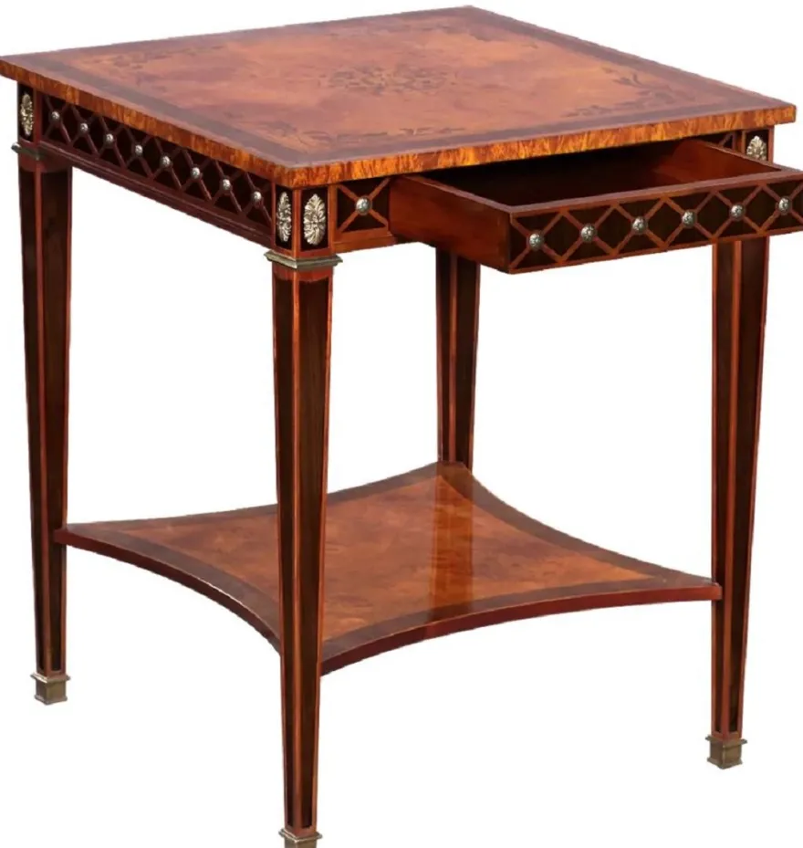 Casa Padrino Luxus Art Deco Beistelltisch Naturfarben / Braun Intarsien / Silber / Antik Messing 61 x 61 x H. 77 cm - Quadratischer Massivholz Tisch mit Schublade - Luxus Art Deco Wohnzimmer Möbel