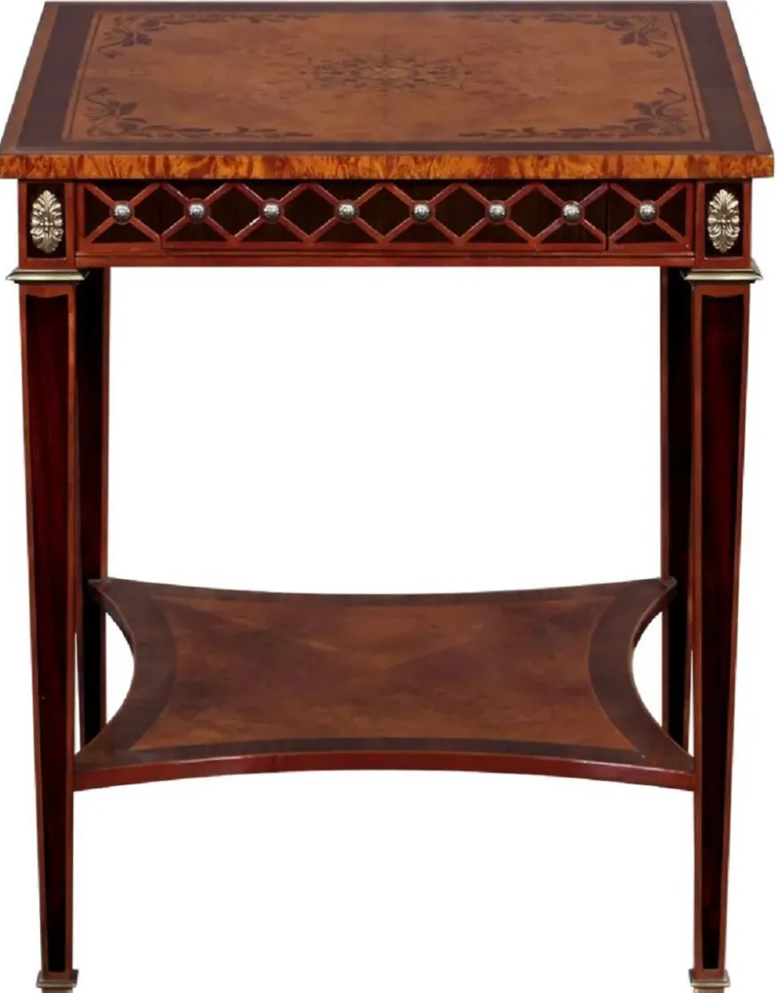 Casa Padrino Luxus Art Deco Beistelltisch Naturfarben / Braun Intarsien / Silber / Antik Messing 61 x 61 x H. 77 cm - Quadratischer Massivholz Tisch mit Schublade - Luxus Art Deco Wohnzimmer Möbel