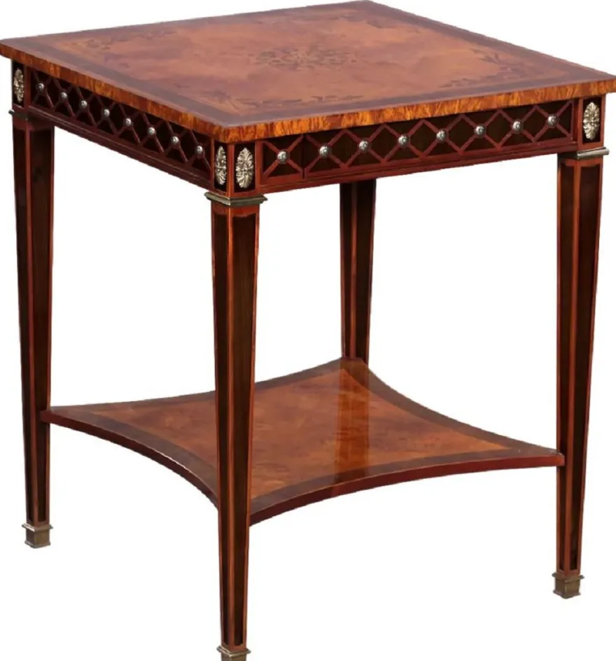 Casa Padrino Luxus Art Deco Beistelltisch Naturfarben / Braun Intarsien / Silber / Antik Messing 61 x 61 x H. 77 cm - Quadratischer Massivholz Tisch mit Schublade - Luxus Art Deco Wohnzimmer Möbel