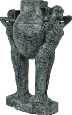 Casa Padrino Luxus Art Deco Bronze Skulptur Frauen mit Vase Türkis / Schwarz 49 x 23,5 x H. 68 cm - Elegante Bronzefigur mit Blumenvase - Schreibtisch Deko - Wohnzimmer Deko - Luxus Kollektion