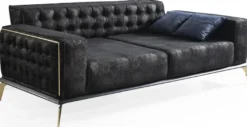 Casa Padrino Luxus Art Deco Chesterfield Wohnzimmer Set Schwarz / Blau / Weiß - 2 Sofas & 2 Drehsessel & 1 Couchtisch - Edle Wohnzimmer Möbel