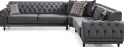 Casa Padrino Luxus Art Deco Chesterfield Wohnzimmer Set Grau / Schwarz / Gold - 1 Ecksofa mit Kissen & 1 Couchtisch - Edle Wohnzimmer Möbel - Luxus Qualität