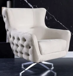 Casa Padrino Luxus Art Deco Chesterfield Drehsessel Cremefarben / Silber 90 x 90 x H. 100 cm - Wohnzimmer Sessel - Wohnzimmer Möbel