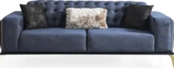 Casa Padrino Luxus Art Deco Chesterfield Sofa Blau / Grau / Schwarz / Messingfarben 236 x 99 x H. 86 cm - Edles Wohnzimmer Sofa mit dekorativen Kissen - Luxus Qualität
