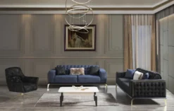 Casa Padrino Luxus Art Deco Chesterfield Sofa Blau / Grau / Schwarz / Messingfarben 236 x 99 x H. 86 cm - Edles Wohnzimmer Sofa mit dekorativen Kissen - Luxus Qualität