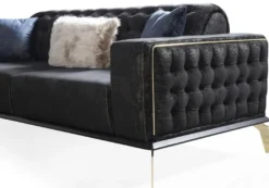 Casa Padrino Luxus Art Deco Chesterfield Sofa Schwarz / Grau / Messingfarben 236 x 99 x H. 86 cm - Edles Wohnzimmer Sofa mit dekorativen Kissen - Luxus Qualität