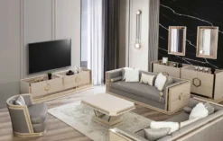 Casa Padrino Luxus Art Deco Couchtisch Cremefarben / Gold - Handgefertigter Massivholz Wohnzimmertisch - Art Deco Wohnzimmer Möbel