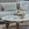 Casa Padrino Luxus Art Deco Couchtisch Grau / Weiß / Gold 160 x 87 x H. 46 cm - Prunkvoller Massivholz Wohnzimmertisch mit Kunstmarmor Tischplatte - Art Deco Wohnzimmer Möbel