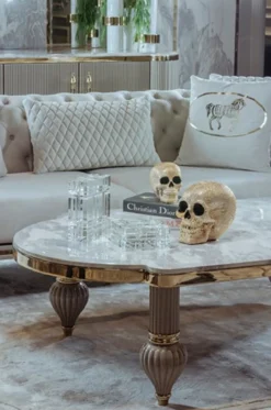 Casa Padrino Luxus Art Deco Couchtisch Grau / Weiß / Gold 160 x 87 x H. 46 cm - Prunkvoller Massivholz Wohnzimmertisch mit Kunstmarmor Tischplatte - Art Deco Wohnzimmer Möbel