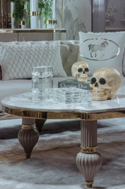 Casa Padrino Luxus Art Deco Couchtisch Grau / Weiß / Gold 160 x 87 x H. 46 cm - Prunkvoller Massivholz Wohnzimmertisch mit Kunstmarmor Tischplatte - Art Deco Wohnzimmer Möbel