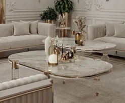 Casa Padrino Luxus Art Deco Couchtisch Weiß / Grau / Gold 120 x 70 x H. 49 cm - Wohnzimmertisch mit edler Kunstmarmor Tischplatte - Art Deco Wohnzimmer Möbel - Luxus Wohnzimmer Möbel