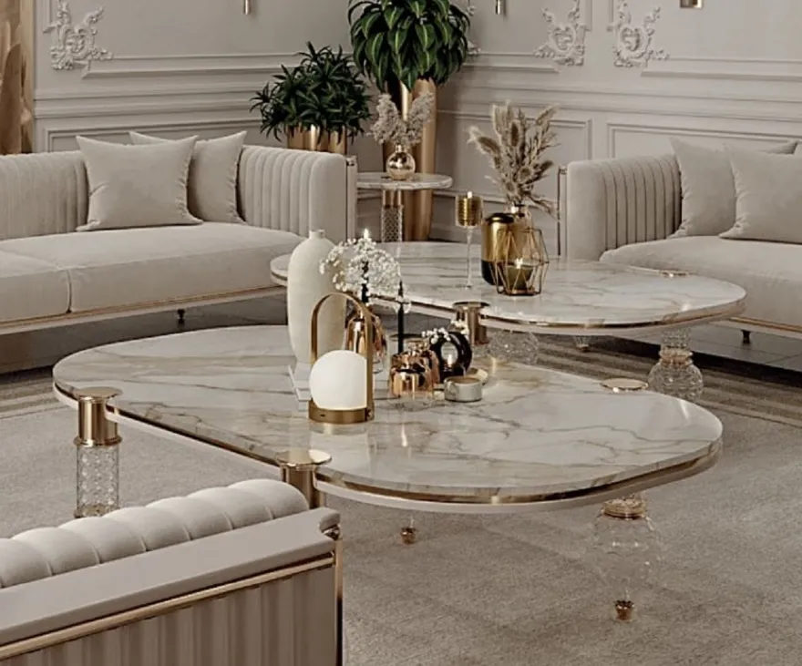 Casa Padrino Luxus Art Deco Couchtisch Weiß / Grau / Gold 120 x 70 x H. 49 cm - Wohnzimmertisch mit edler Kunstmarmor Tischplatte - Art Deco Wohnzimmer Möbel - Luxus Wohnzimmer Möbel