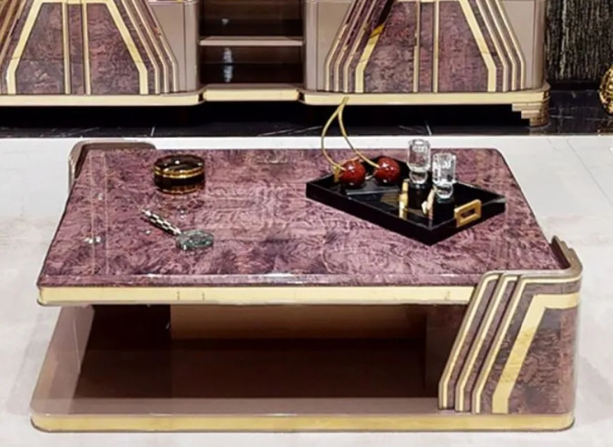 Casa Padrino Luxus Art Deco Couchtisch Lila / Grau / Gold - Wohnzimmertisch mit Tischplatte in Marmoroptik - Art Deco Wohnzimmer Möbel
