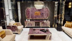 Casa Padrino Luxus Art Deco Couchtisch Lila / Grau / Gold - Wohnzimmertisch mit Tischplatte in Marmoroptik - Art Deco Wohnzimmer Möbel