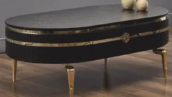 Casa Padrino Luxus Art Deco Couchtisch Schwarz / Gold 120 x 67 x H. 42 cm - Ovaler Wohnzimmertisch mit Schublade und Kunstmarmor Tischplatte - Wohnzimmer Möbel - Art Deco Möbel - Luxus Möbel