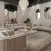 Casa Padrino Luxus Art Deco Couchtisch Weiß / Grau / Gold 160 x 91 x H. 49 cm - Wohnzimmertisch mit edler Kunstmarmor Tischplatte - Art Deco Wohnzimmer Möbel - Luxus Wohnzimmer Möbel