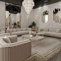 Casa Padrino Luxus Art Deco Couchtisch Weiß / Grau / Gold 160 x 91 x H. 49 cm - Wohnzimmertisch mit edler Kunstmarmor Tischplatte - Art Deco Wohnzimmer Möbel - Luxus Wohnzimmer Möbel