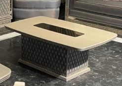Casa Padrino Luxus Art Deco Couchtisch Creme - Rechteckiger Wohnzimmertisch mit Glasplatte - Wohnzimmer Möbel - Art Deco Möbel - Luxus Möbel - Luxus Einrichtung - Wohnzimmer Einrichtung