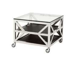Casa Padrino Luxus Art Deco Designer Beistelltisch mit Glasplatte, polierter Stahl und schwarze Leder-Optik, 65 x 65 x H. 50 cm