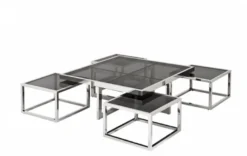 Casa Padrino Luxus Art Deco Designer Couchtisch 5er Set - Rauchglas - Polierter rostfreier Stahl - 100 x 100 x H. 40 cm / 48 x 48 x H. 33 cm