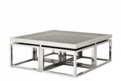 Casa Padrino Luxus Art Deco Designer Couchtisch 5er Set - Rauchglas - Polierter rostfreier Stahl - 100 x 100 x H. 40 cm / 48 x 48 x H. 33 cm
