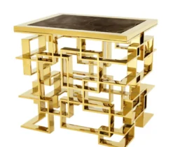 Casa Padrino Luxus Art Deco Designer Beistelltisch in Gold mit brauner Marmorplatte, 50 x 65 x H. 60 cm