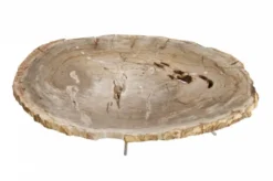 Casa Padrino Luxus Art Deco Designer Couchtisch aus versteinertem Holz - Wohnzimmer Tisch polierter Edelstahl - 110-120 x 65-85 x H. 35 cm