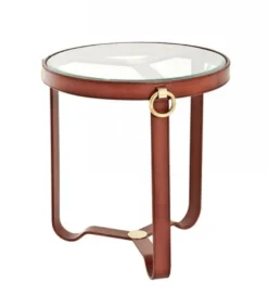 Casa Padrino Luxus Art Deco Designer Beistelltisch aus braunem Leder - Antik Messing / Braun - 57 x H. 60 cm