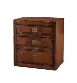 Casa Padrino Luxus Art Deco Designer Beistelltisch aus Lindenholz mit braunem Leder und 3 Schubladen - 64 x 46 x H. 69 cm
