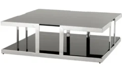 Casa Padrino Luxus Art Deco Designer Couchtisch aus Edelstahl poliert mit Rauchglas 100 x 100 x 32 cm