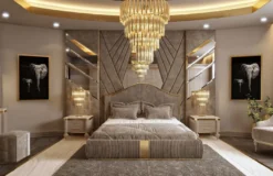 Casa Padrino Luxus Art Deco Doppelbett Grau / Gold - Edles Massivholz Bett mit Kopfteil - Art Deco Schlafzimmer & Hotel Möbel