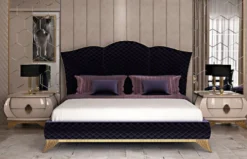 Casa Padrino Luxus Art Deco Doppelbett Lila / Gold - Edles Massivholz Bett mit Kopfteil - Art Deco Schlafzimmer & Hotel Möbel - Luxus Kollektion