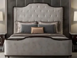 Casa Padrino Luxus Art Deco Doppelbett Grau / Dunkelbraun / Silber - Edles Massivholz Bett mit Kopfteil - Schlafzimmer Möbel - Hotel Möbel - Art Deco Möbel - Luxus Art Deco Einrichtung