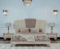Casa Padrino Luxus Art Deco Doppelbett Beige / Grau / Gold - Edles Massivholz Bett mit Kopfteil - Art Deco Schlafzimmer & Hotel Möbel - Luxus Kollektion