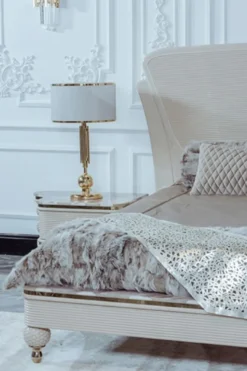 Casa Padrino Luxus Art Deco Doppelbett Beige / Grau / Gold - Edles Massivholz Bett mit Kopfteil - Art Deco Schlafzimmer & Hotel Möbel - Luxus Kollektion