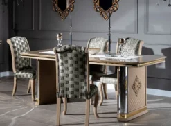 Casa Padrino Luxus Art Deco Esszimmer Set Beige / Gold - 1 Esstisch & 6 Esszimmerstühle - Handgefertigte Art Deco Esszimmer Möbel