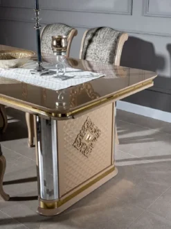 Casa Padrino Luxus Art Deco Esszimmer Set Beige / Gold - 1 Esstisch & 6 Esszimmerstühle - Handgefertigte Art Deco Esszimmer Möbel
